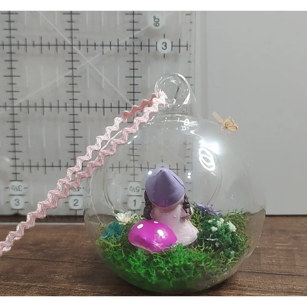 Garden Gnome Christmas Ornament Handmade Glass Diorama Terrarium Fairy Mushroom